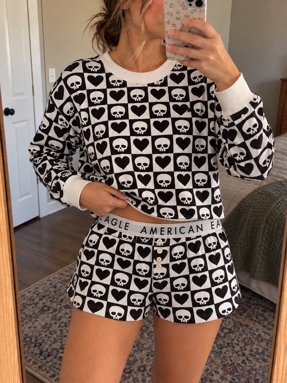 American Eagle Outfitters Black & White Skull Pajama Set